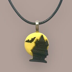 Haunted House and Bat Pendant Necklace Halloween Handcrafted